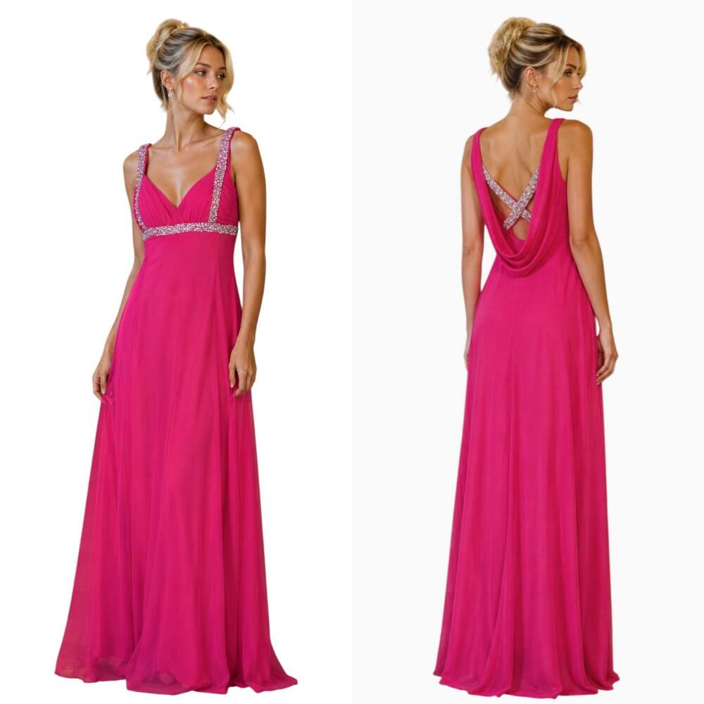 NEW Betsy & Adam Bejeweled Beaded Long Flowy Glam Gown Fuchsia Pink Sz 10